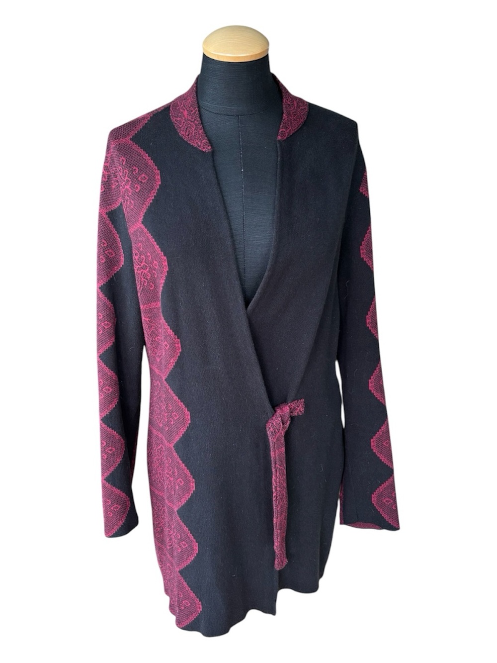 Chico's 100% Cotton Wrap Cardigan Sweater Size 1 Medium Burgundy Black Boho